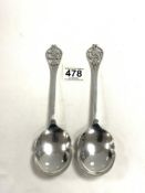PAIR OF HEAVY SILVER SERVING SPOONS WITH PIERCED TERMINALS DASTED 1937 BY EMILE VINER 22CM 190
