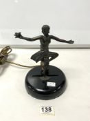 A FRENCH ART DECO SPELTER DANCING LADY TABLE LAMP, (LOEVSKY & LOEVSKY WHITE METAL CASTINGS),20 CMS.