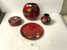 A 1970s POOLE VOLCANO VASE, 18CMS, ANOTHER POOLE VASE, POT AND COVER, AND PLATE.