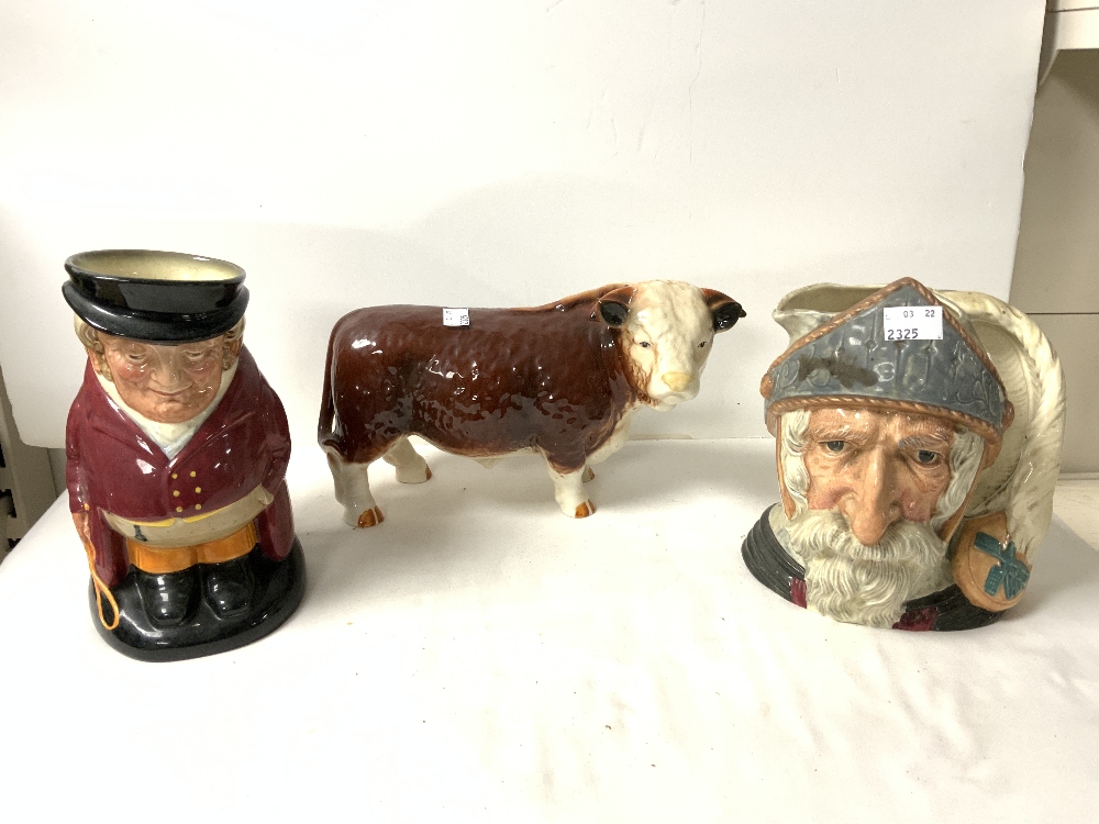 A ROYAL DOULTON CHARACTER MUG - DON QUIXOTE D 6455, THREE PORCELAIN BULLS, TOBY JUG AND DISNEY - Image 4 of 5