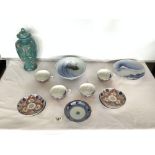 CHINESE TURQUOISE EMBOSSED LIDDED VASE, A/F, 30 CMS, TWO CHINESE BOWLS, AND IMARI PATTERN CUPS AND