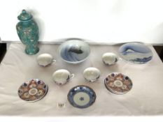 CHINESE TURQUOISE EMBOSSED LIDDED VASE, A/F, 30 CMS, TWO CHINESE BOWLS, AND IMARI PATTERN CUPS AND