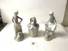 A LLADRO BASSET HOUND IN BASKET, 19 CMS, LLADRO GIRL WITH RABBIT, AND LLADRO GIRL WITH GOOSE AND