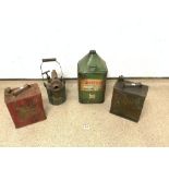 A VINTAGE CASTROL OIL CAN, TWO GERRY CANS, AND A LARGE PETROL BLOW TORCH.
