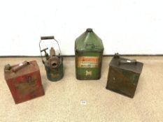 A VINTAGE CASTROL OIL CAN, TWO GERRY CANS, AND A LARGE PETROL BLOW TORCH.