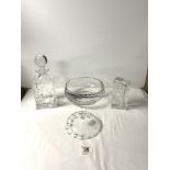 A GLASS ICE BLOCK " SOLIFLEUR " VASE, 16 CMS, A HEAVY GLASS DECANTER, ART GLASS BOWL, 20 CMS, AND