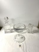 A GLASS ICE BLOCK " SOLIFLEUR " VASE, 16 CMS, A HEAVY GLASS DECANTER, ART GLASS BOWL, 20 CMS, AND