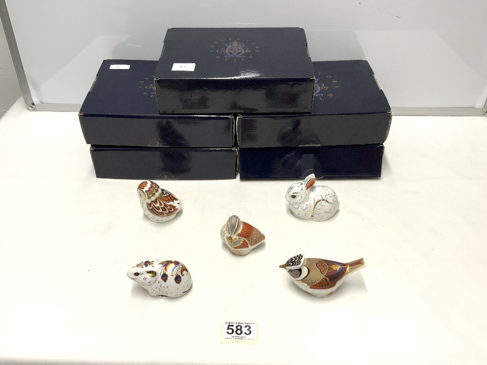 FIVE BOXED ROYAL CROWN DERBY PIECES BANK VOLE, OWLET, CRESTED TIT, BUNNY AND TEAL DUCKLING