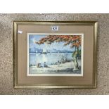 BA SAN SIGNED WATERCOLOUR DRAWING - ORIENTAL SCENE LAKE WITH FIGURES 27 X 36CM