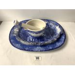 A SPODE PESTLE AND MORTAR, FLOW BLUE MEAT DISH, AND A BLUE AND WHITE SHAPED DISH.