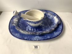 A SPODE PESTLE AND MORTAR, FLOW BLUE MEAT DISH, AND A BLUE AND WHITE SHAPED DISH.