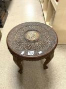 INDIAN CARVED CIRCULAR OCCASIONAL TABLE ON ELEPHANT LEGS, 44CMS DIAMETER.