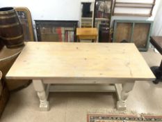 A PAINTED AND RUBBED CHUNKY PINE REFRECTORY KITCHEN DINING TABLE ON TURNED BULBOUS LEGS, 95X198