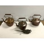 THREE VICTORIAN COPPER KETTLES, AND OLD TIN OIL DISPENSER.