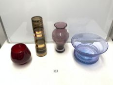 FOUR LARGE PIECES OF ART GLASS VASES LARGEST 30CM
