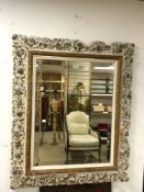 LARGE 19TH CENTURY FRENCH HAND BEVELLED MERCURY WALL MIRROR WITH A GESSO FRAME 97 X 115CM