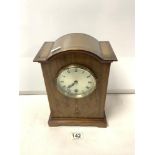 EDWARDIAN INLAID MAHOGANY MANTEL CLOCK WITH SILVERED DIAL, 29 CMS.