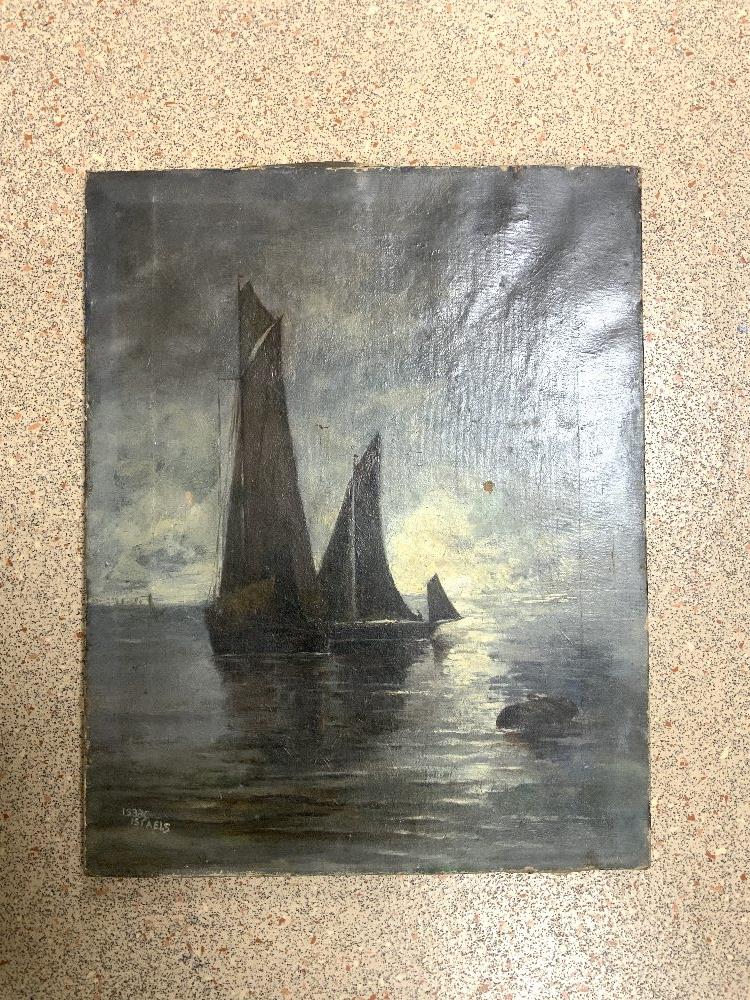 UNFRAMED OIL ON CANVAS OF A MOONLIT SEASCAPE WITH SAILING BOATS, SIGNED - ISAAC ISRAELS, 40X50 CMS.