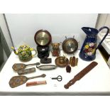 PAINTED METAL BARGEWARE TEA POT AND WATER JUG, SHIPS WHEEL NUT CRACKER, TWO BAROMETERS AND MORE.