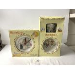 ROYAL DOULTON BUNNYKINS INFANT SET IN BOX, AND A CHILDRENS WALL CLOCK IN BOX.