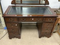 MODERN MAHOGANY WRITING DESK WITH GREEN TOOLED LEATHER WITH NINE DRAWERS