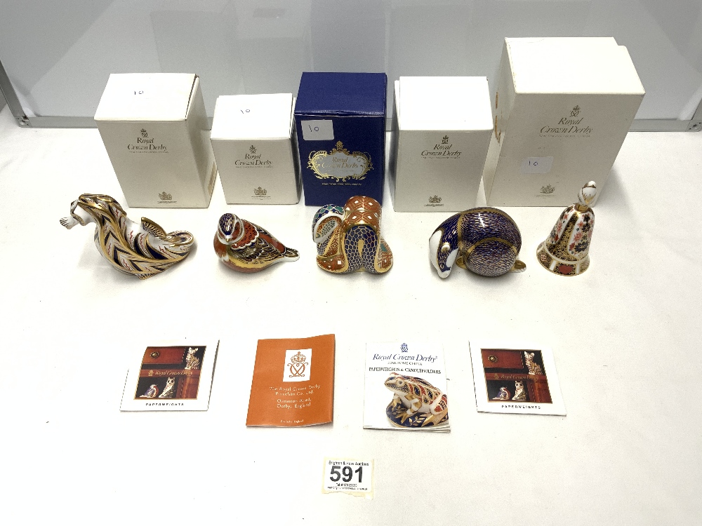 FIVE BOXED ROYAL CROWN DERBY PIECES CHAFFINCH, BADGER, SNAKE, SEAHORSE AND BELL