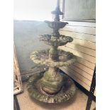 A WEATHERED STONE FOUR TIER GARDEN FOUNTAIN WITH SCALLOP EDGE PATTERN, 140 CMS APPROX.