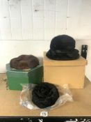 THREE FUR HATS, ONE BY KATES CANADA, WITH TWO CARDBOARD HAT BOXES.