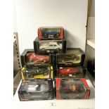 BURAGO - EIGHT BOXED MODELS OF CLASSIC CARS, INCLUDES, JAGUAR " E " COUPE 1961, FERRARI F40, AND 6