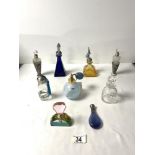 NINE COLOURED AND CLEAR GLASS SCENT BOTTLES - VARIOUS.