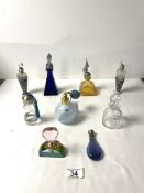 NINE COLOURED AND CLEAR GLASS SCENT BOTTLES - VARIOUS.