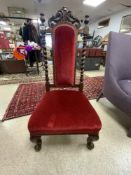 VICTORIAN PRAYER CHAIR BARLEY TWIST AND BALL FEET RED CRUSHED VELVET