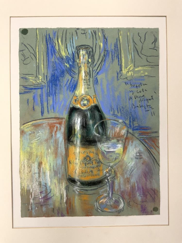A STILL-LIFE PASTEL STUDY OF A BOTTLE OF CHAMPAGNE AND GLASS BY A SPANISH ARTIST, 26 X 35 CM. - Image 2 of 3