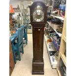 A MAHOGANY CASED GRANDMOTHER CLOCK, WITH CHIME, MADE IN ENGLAND, WITH FRENCH MOVEMENT AND SILVERED