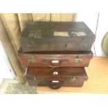 FOUR VINTAGE BROWN LEATHER SUIT CASES, WITH MILITARY LEATHER ITEMS - INCLUDES, MAP CASE / FLASK