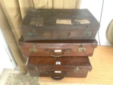 FOUR VINTAGE BROWN LEATHER SUIT CASES, WITH MILITARY LEATHER ITEMS - INCLUDES, MAP CASE / FLASK
