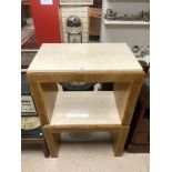 A PAIR OF ART DECO STYLE BURR MAPLE MARBLE TOPPED BIEDERMEIR DESIGN TABLES, 80 X 50 X 56 CM.