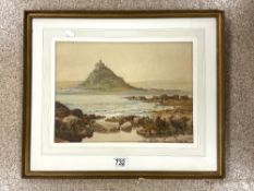 L HAYES SIGNED WATERCOLOUR DRAWING -COASTAL SCENE WITH AN ISLAND DATED 97 29 X 39CM
