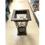 A MODERN ORNATE METAL AND WOODEN UMBRELLA STAND, 57 X 29 CM.