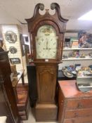 ANTIQUE OAK CASED LONG CASE 8 DAY CLOCK, WITH PAINTED BIRD AND FLORAL DIAL AND SECONDS DIAL, MAKER S