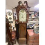 ANTIQUE OAK CASED LONG CASE 8 DAY CLOCK, WITH PAINTED BIRD AND FLORAL DIAL AND SECONDS DIAL, MAKER S