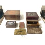 A PARQUETRY INLAID BOX, BUTTERFLY WING BOX, AND TWO OTHERS AND OTHER ITEMS.