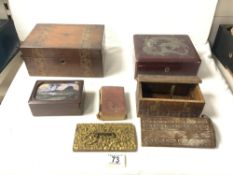 A PARQUETRY INLAID BOX, BUTTERFLY WING BOX, AND TWO OTHERS AND OTHER ITEMS.