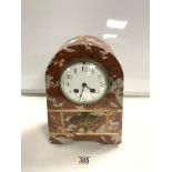 A FRENCH MARBLE DOME TOP MANTEL CLOCK WITH ENAMEL DIAL AND APPLIED GILT METAL MOTIF, MADE IN