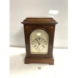 MAHOGANY CASED WITH INLAY TWIN FUSEE MANTLE CLOCK WITH SILVERED DIAL 36CM