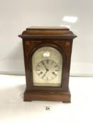 MAHOGANY CASED WITH INLAY TWIN FUSEE MANTLE CLOCK WITH SILVERED DIAL 36CM