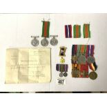 A GROUP OF THREE 1939 - 1945 CAMPAIGN MEDALS, 2 MINATURES, THREE DEFENCE MEDALS, A FRONTLINE BRITAIN