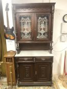 A 1910 SPANISH CARVED WALNUT AND GLAZED MARBLE TOP TWO-PIECE BUFFET, 104 X 46 X 228 CM.