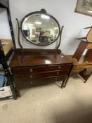 VINTAGE MAHOGANY DRESSING TABLE WITH BEVELLED MIRROR AND FOUR DRAWERS ON ORIGINAL CASTORS