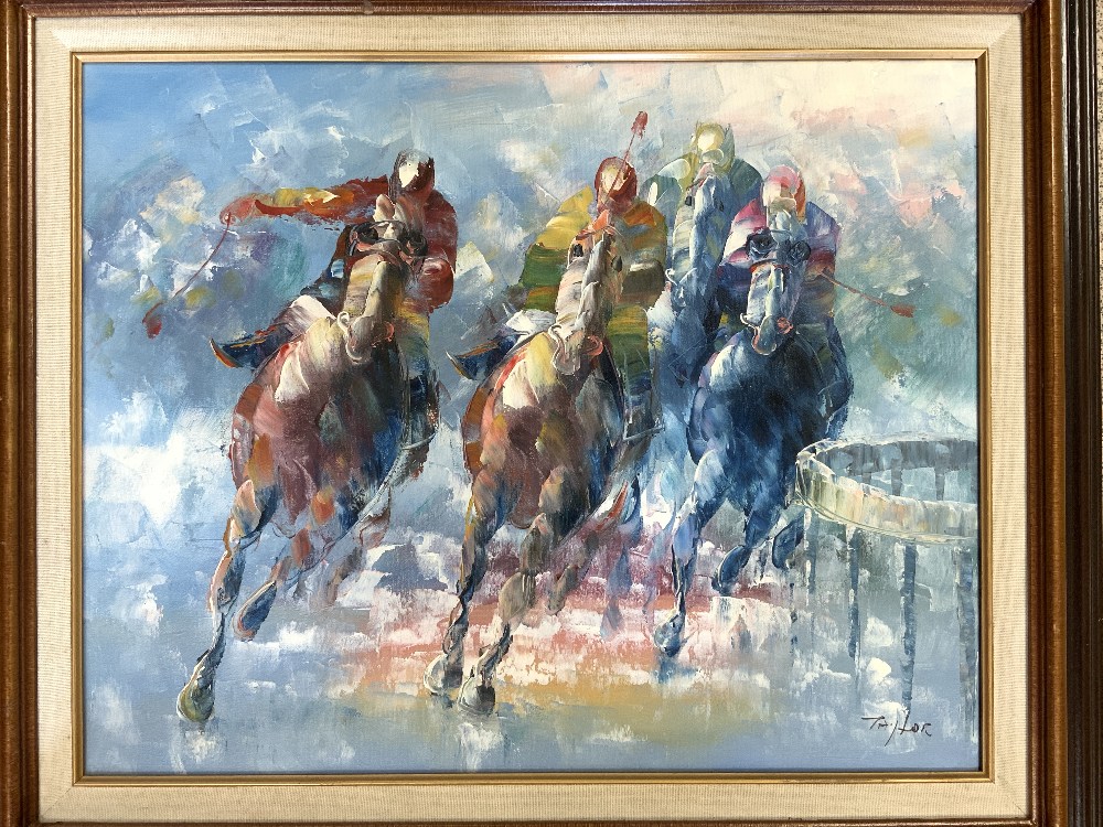 TWO MODERN WATERCOLOURS OF HORSE RACING AND ONE OIL, 50X40 CMS. - Image 4 of 7